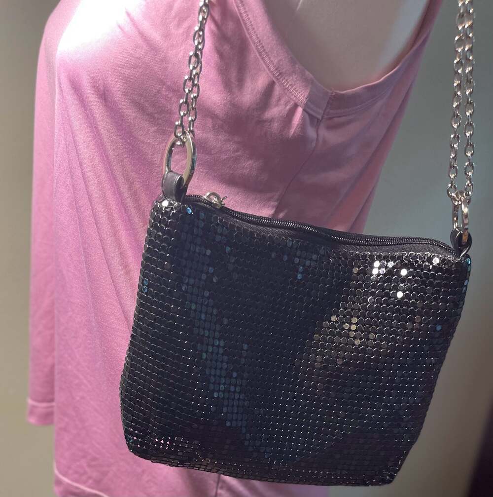 Y2K Black Disc Purse Sequin Shoulder Bag Chainmail Knightcore Evening Paillette